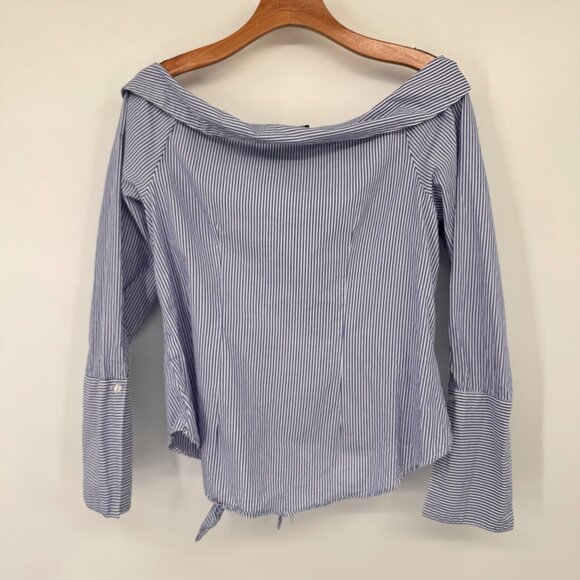 Romeo Juliet Striped Off-Shoulder Blouse Tie Waist & Bell Sleeves size large - Picture 6 of 9